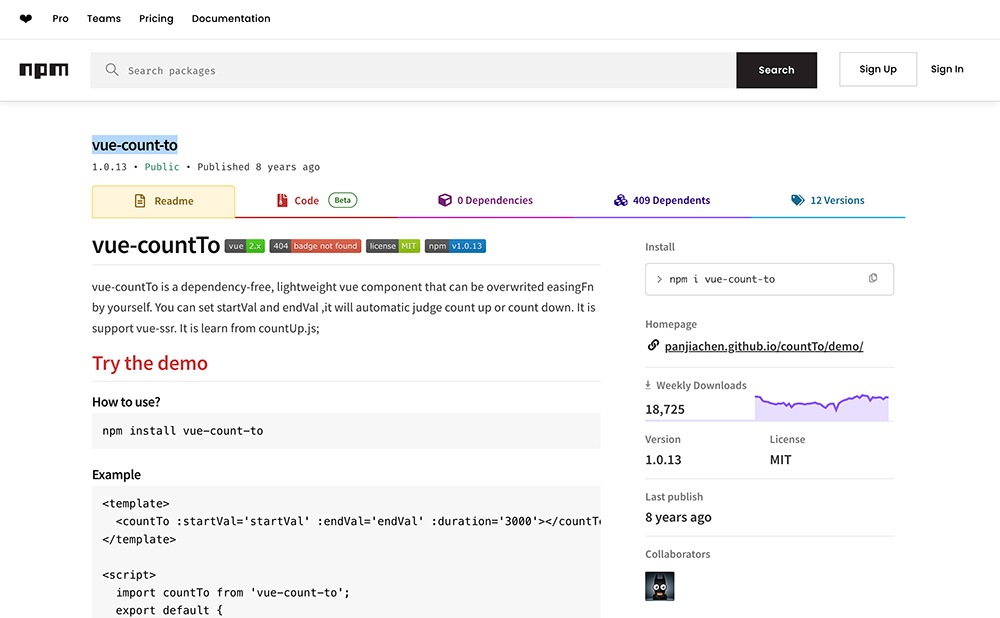 vue-count-to：一个无依赖、轻量级的Vue组件，专门用于实现数字滚动计数效果