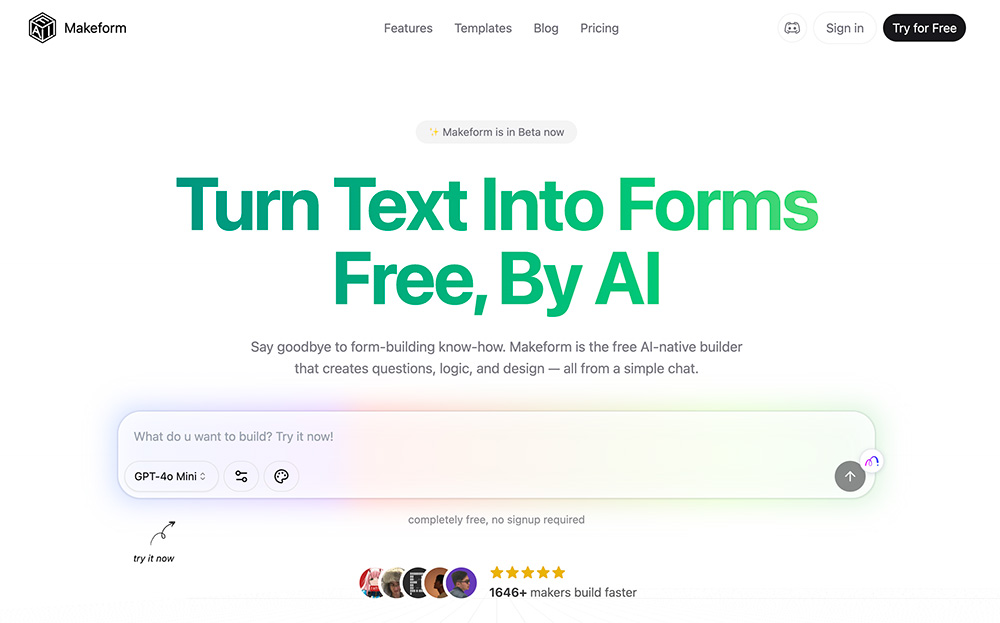 Makeform官网：一个免费AI表单构建工具，通过聊天界面快速生成定制表单