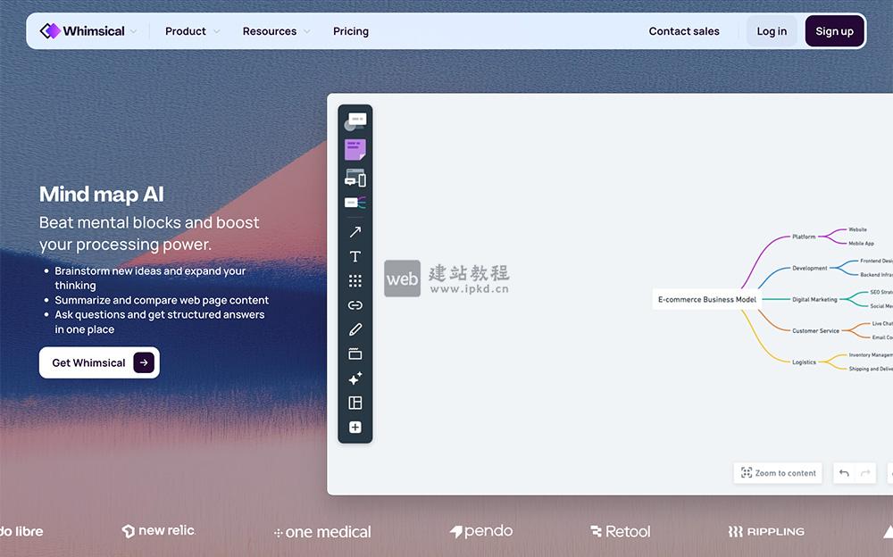 Whimsical:支持流程图、思维导图、线框图、便签四类核心画布
