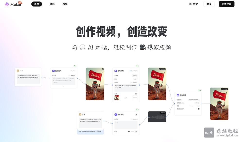 Mulan:集成了视频剪辑/人物替换/音乐音效生成/对口型等AI视频创作平台