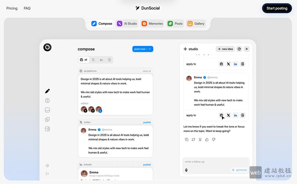 DunSocial:多平台同步发布、智能内容日历、一键式编辑器等