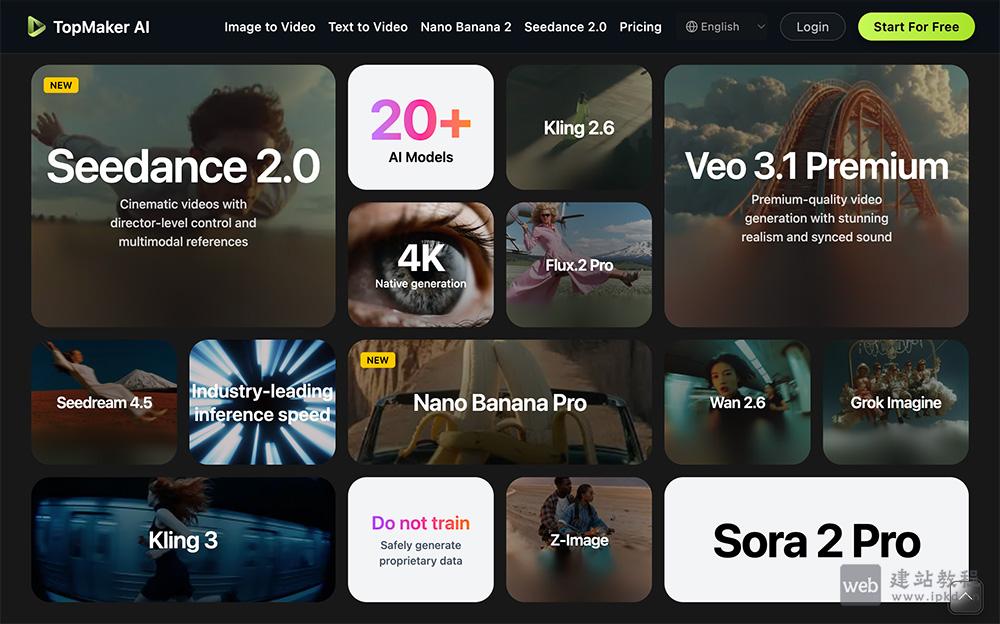 TopMaker AI官网使用入口，整合Seedance 2.0、Sora 2等20多种先进AI模型